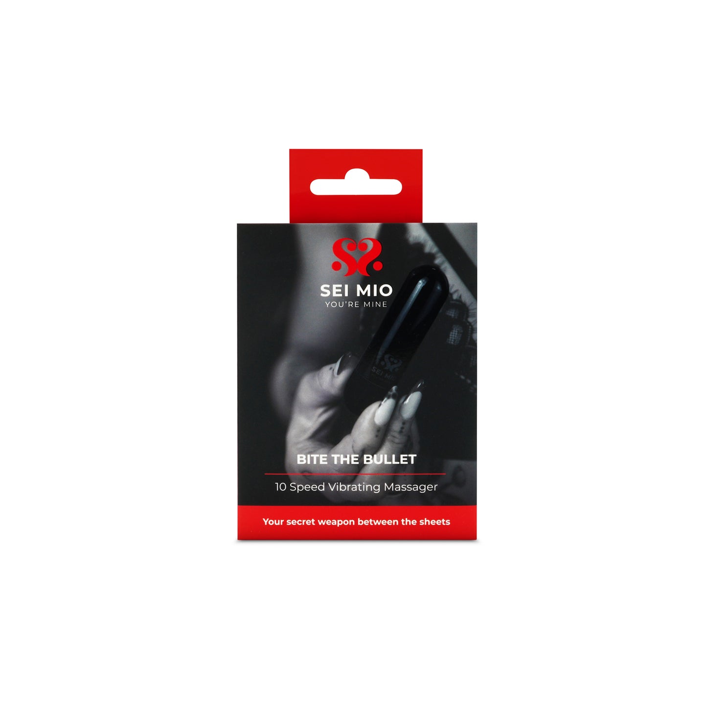 Sei Mio 'Bite the Bullet' 10 Speed Vibrating Massager packaging on a white background