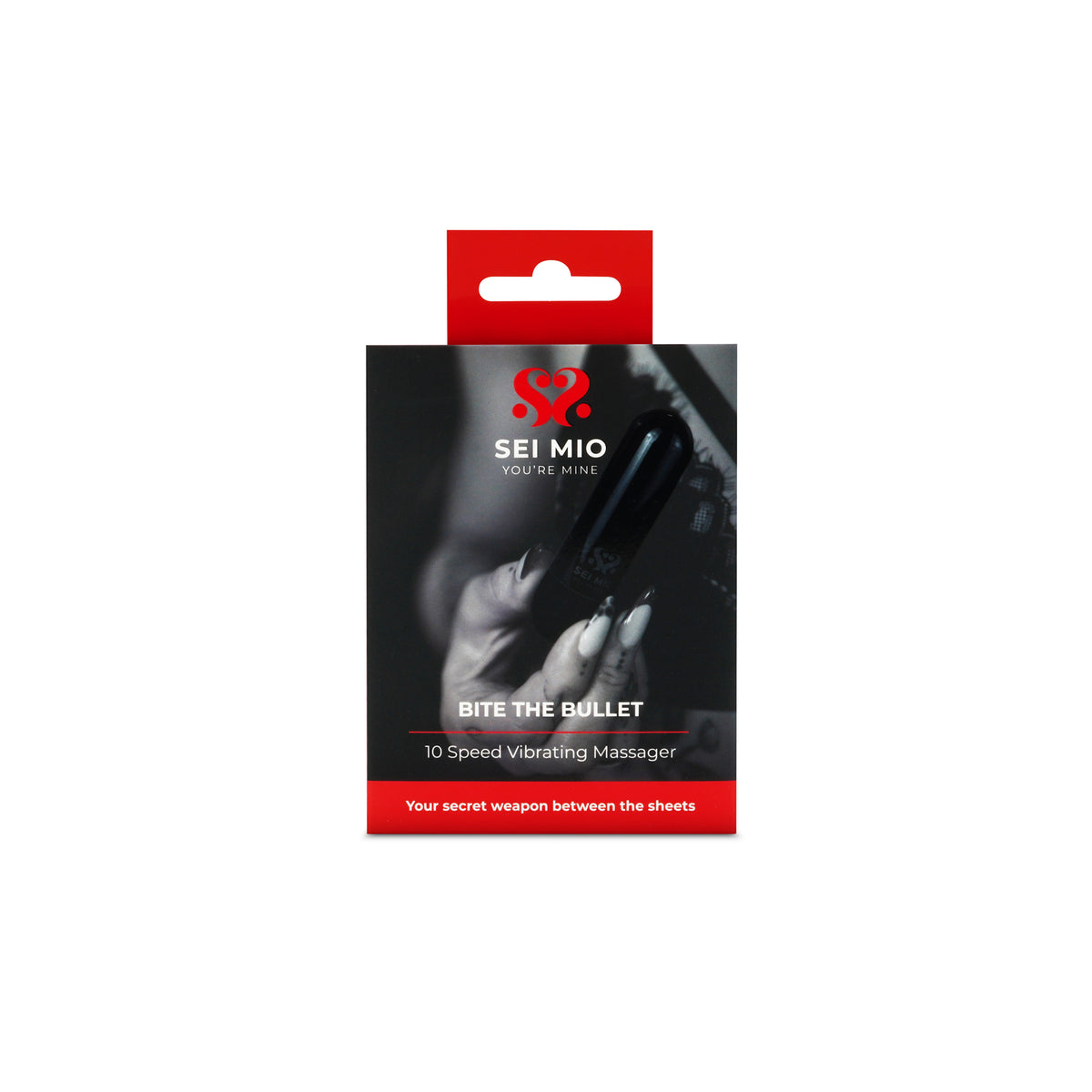 Sei Mio 'Bite the Bullet' 10 Speed Vibrating Massager packaging on a white background