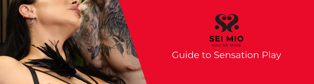 A half naked man uses a mini feather tickler on a brunette woman in lingerie