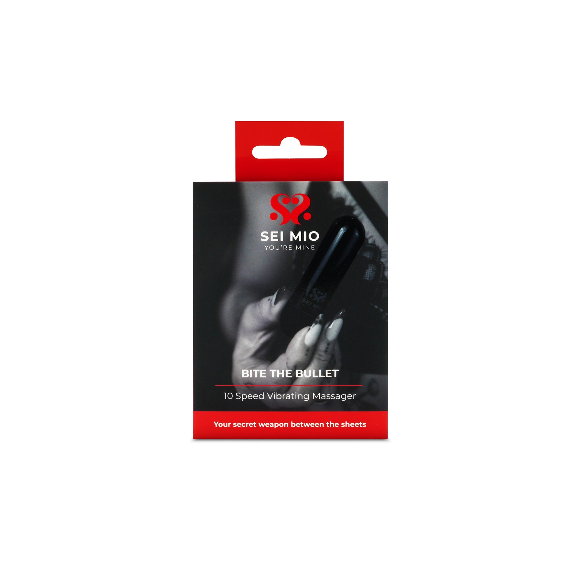 Sei Mio 'Bite the Bullet' 10 Speed Vibrating Massager packaging on a white background
